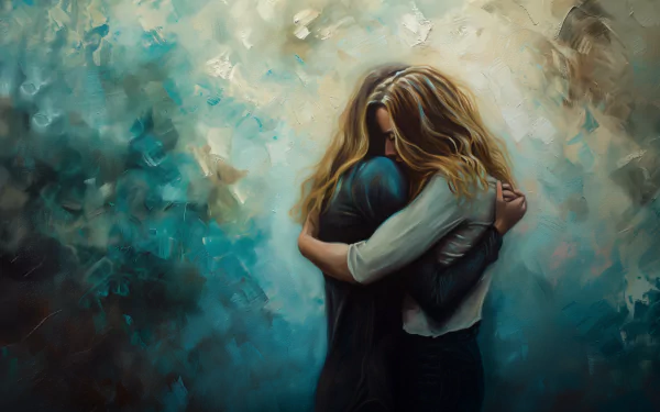 HD wallpaper depicting an artistic rendering of two people embracing in a hug, set against an abstract blue textured background.