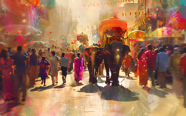 Colorful oriental parade with an elephant and lively crowd in HD for desktop wallpaper and background.