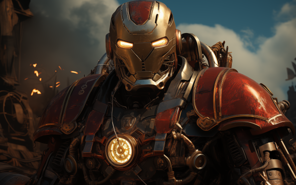 Dieselpunk Iron Man HD Wallpaper - stylized Iron Man with retro-futuristic armor suitable for desktop background.