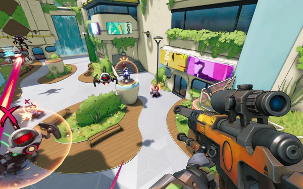 A vibrant HD desktop wallpaper from the video game Roboquest, showcasing a dynamic scene with robotic enemies, colorful environments, and an engaging perspective on gameplay action.