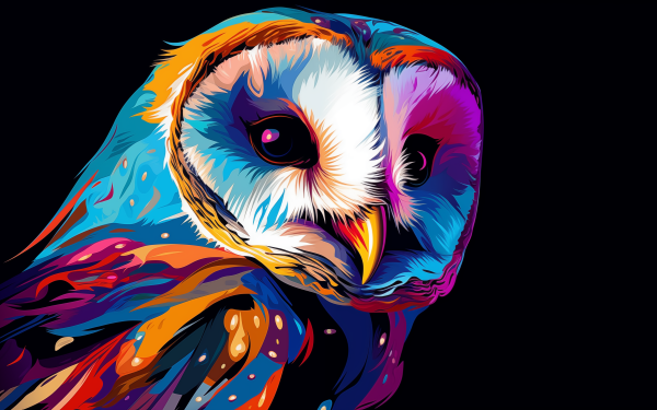 Vibrant pop art style barn owl HD desktop wallpaper featuring vivid colors and intricate bird detailing on a dark background.