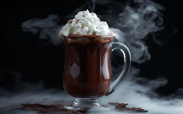 Steaming hot chocolate topped with whipped cream against a dark background, perfect for an HD desktop wallpaper and background.