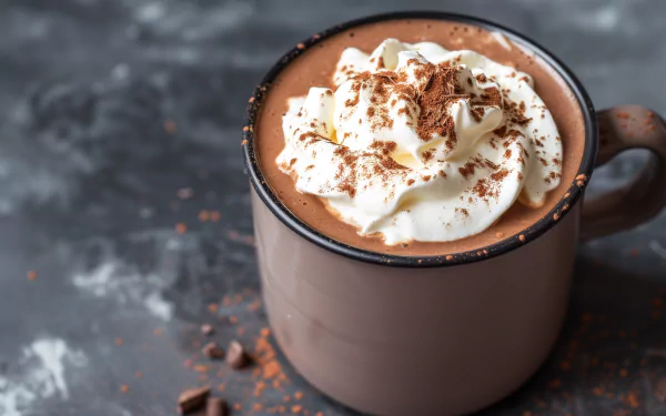 HD desktop wallpaper featuring a delicious cup of hot chocolate topped with whipped cream and chocolate shavings, perfect for a cozy background.