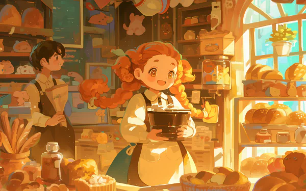 HD Anime wallpaper featuring an anime girl in a bakery with an assortment of bread, creating a warm, inviting atmosphere for a desktop background.