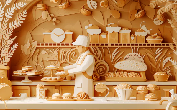 High-definition desktop wallpaper featuring an artistic bakery scene with a baker figurine preparing pastries surrounded by intricately designed bread, cakes, and bakery equipment in warm tones.