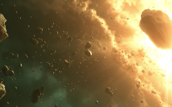HD wallpaper featuring a sci-fi asteroid belt with rocks floating against a bright star, creating an immersive desktop background.