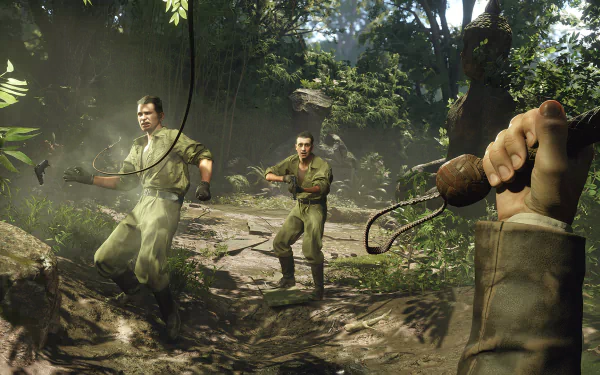 HD wallpaper of an intense moment from the video game Indiana Jones and the Great Circle, showing adventurous characters navigating through a dense jungle environment.