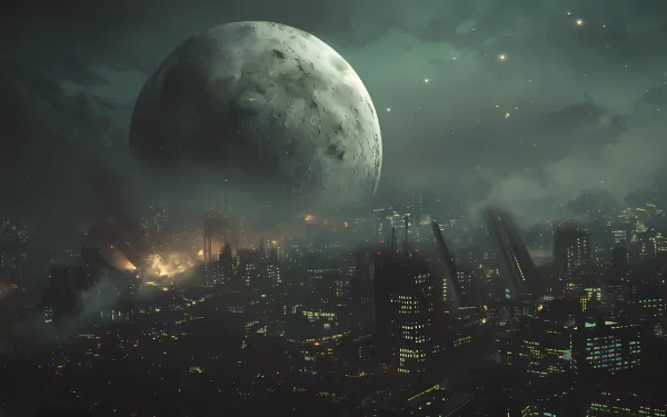 HD dystopian cityscape wallpaper with a large moon looming over a post-apocalyptic planetscape, perfect for a desktop background.