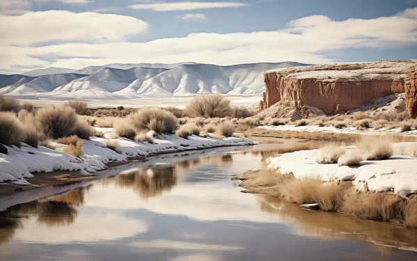 HD wallpaper of a snowy desert landscape with a river, surrounded by snow-speckled vegetation and distant mountains.
