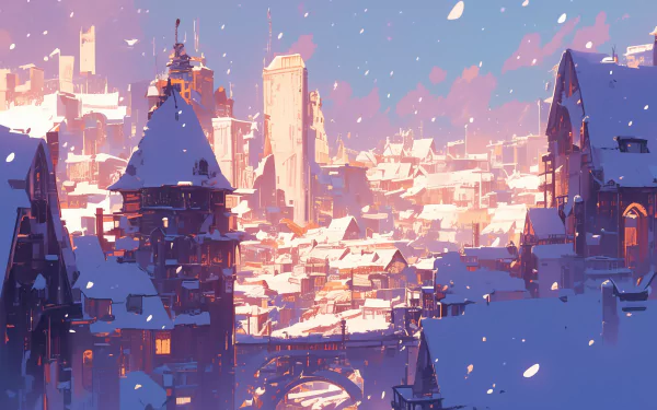 A snowy cityscape at dusk, featuring charming buildings and softly falling snow, creating a serene and enchanting atmosphere in HD desktop wallpaper format.