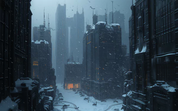 HD wallpaper of a snowy city at twilight with a glowing orange light at the end of the street, creating a cozy atmosphere amidst the winter chill.