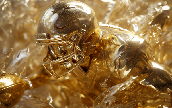 HD desktop wallpaper of a golden football player celebrating a touchdown, with a dynamic, shimmering background.