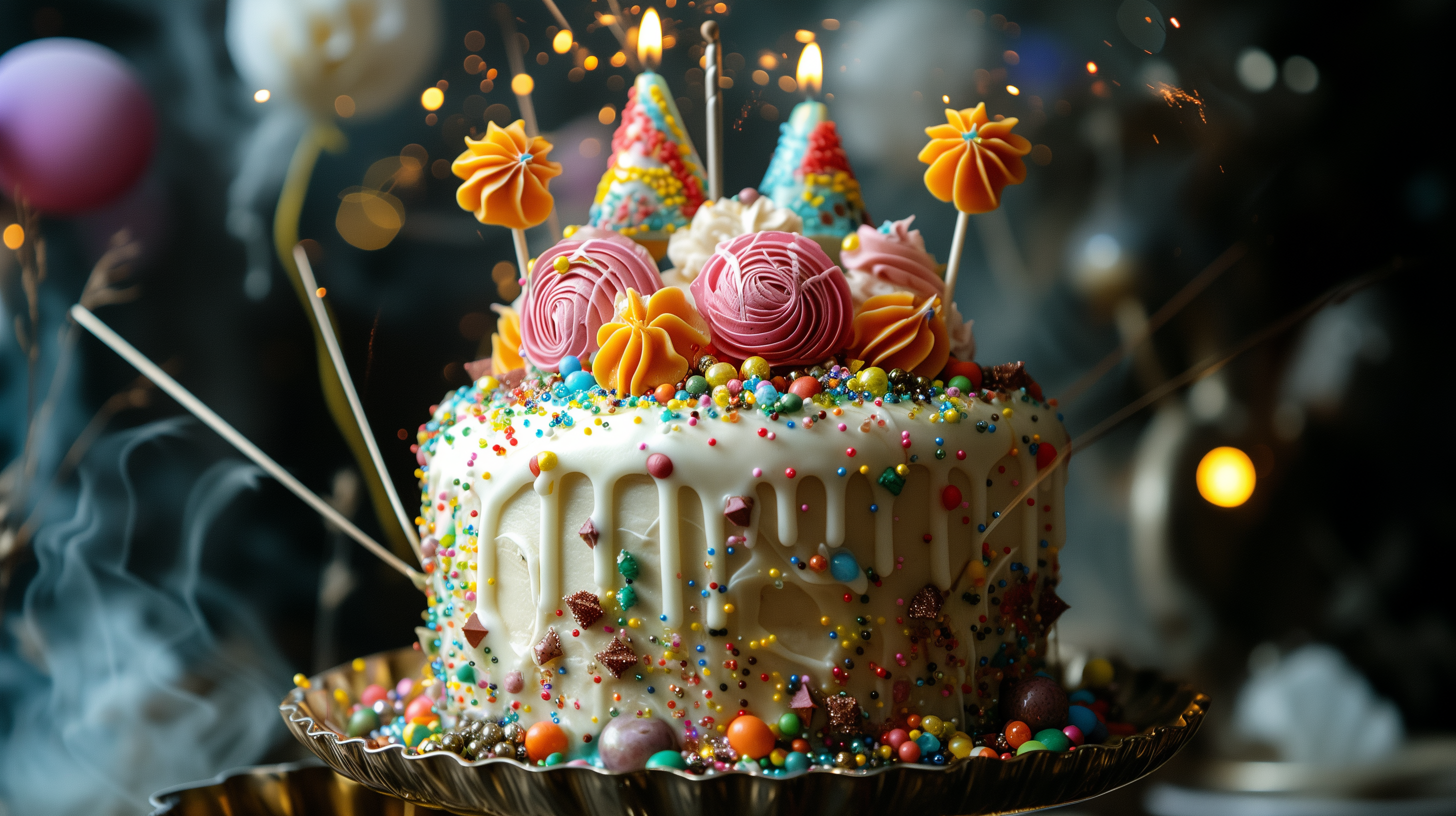 HD wallpaper of a vibrant birthday cake adorned with colorful sprinkles, icing swirls, and party sparklers creating a festive background.