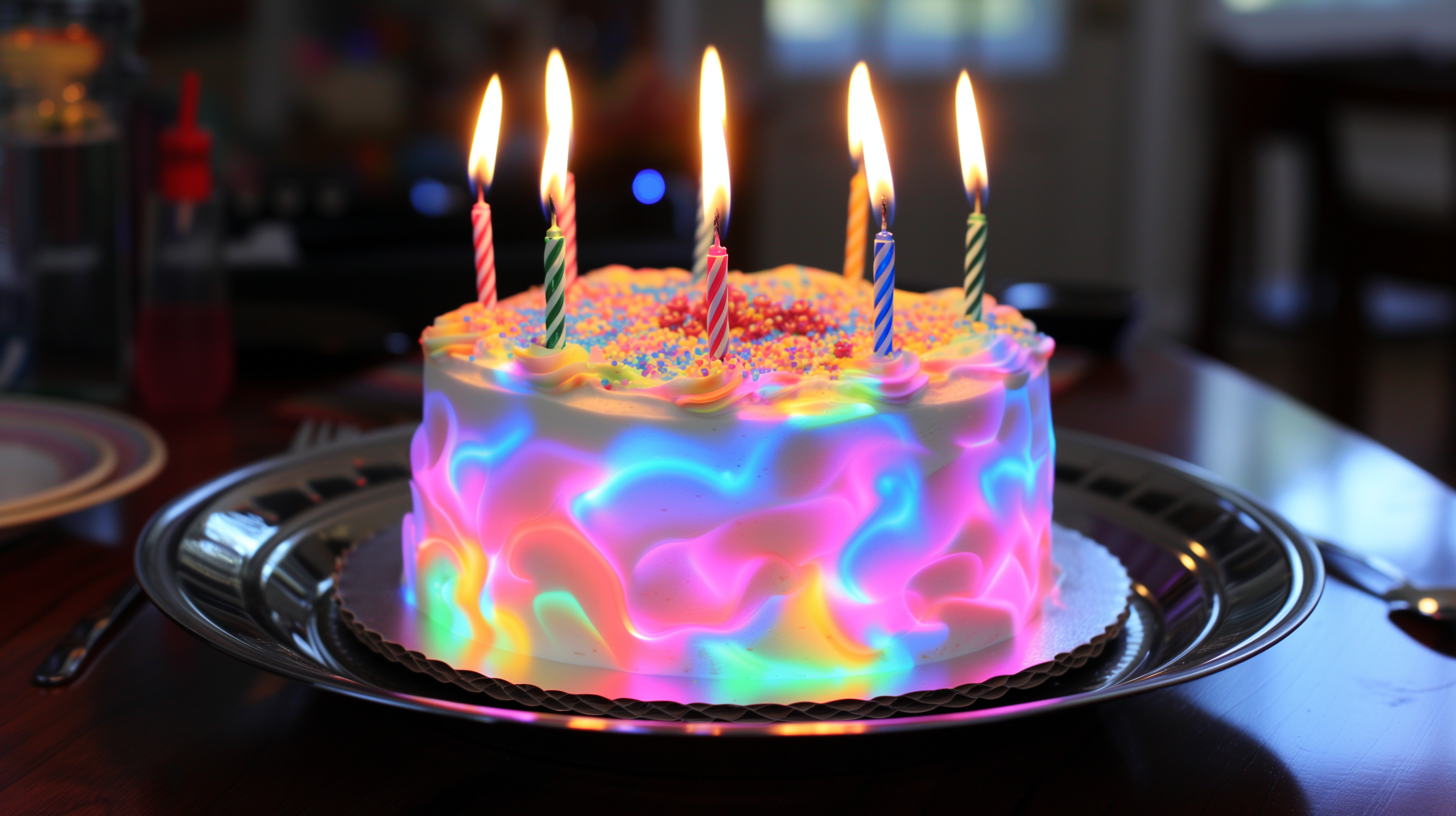 Colorful birthday cake with lit candles on a plate, perfect as a vibrant HD desktop wallpaper or background.