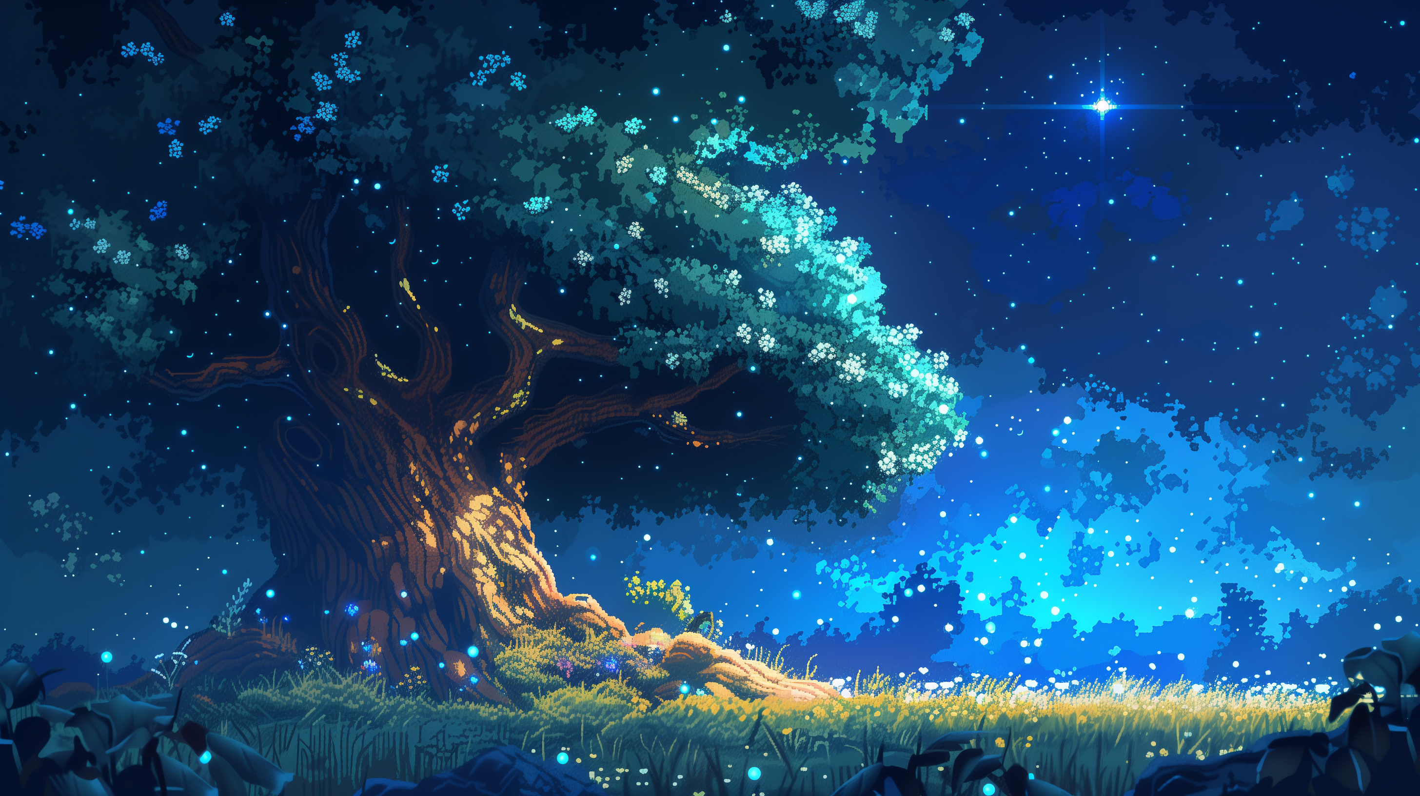Celestial Nightscapes Pixel Art HD Wallpaper, image size:2912x1632