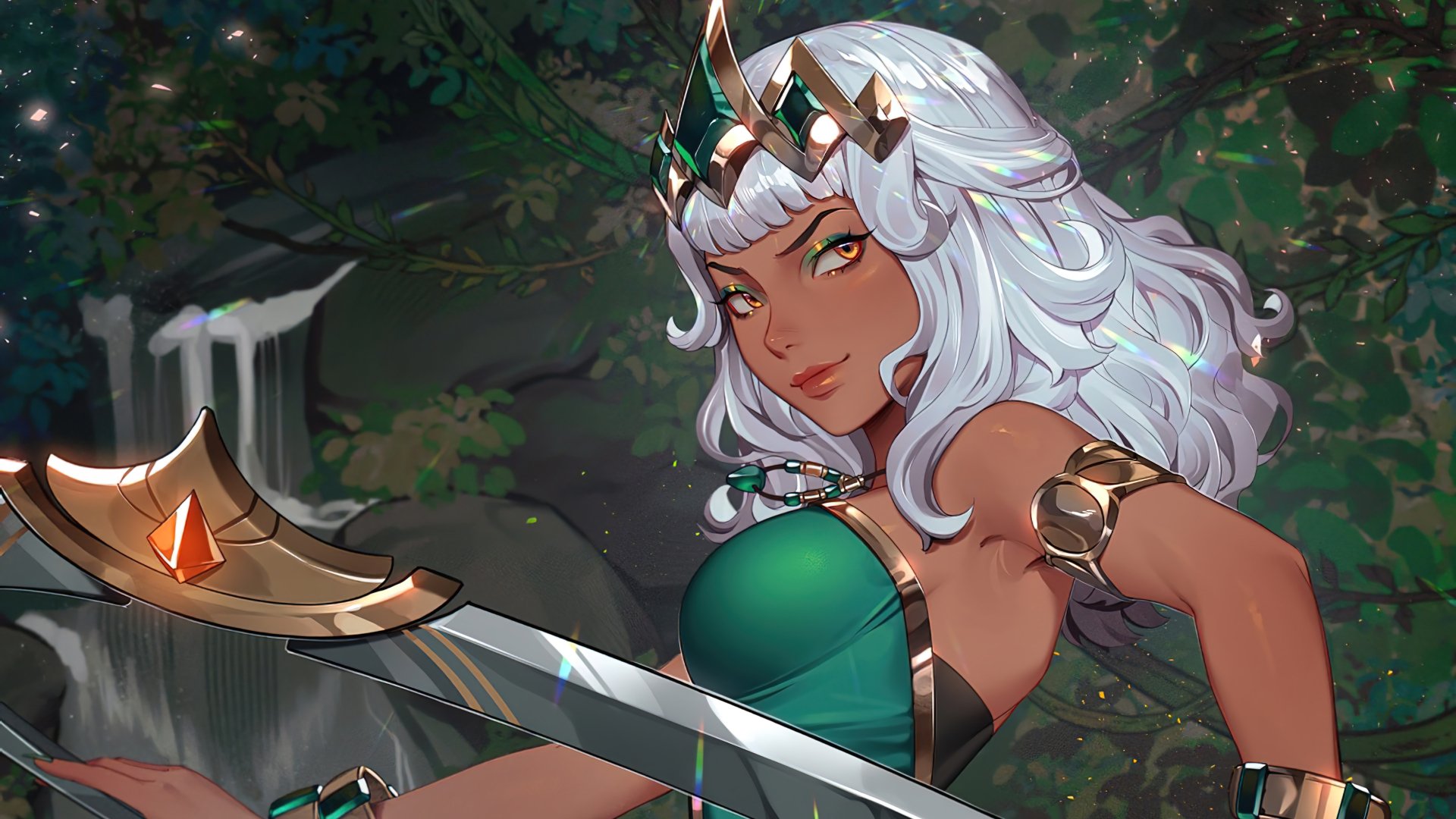HD wallpaper of Qiyana from League of Legends posing with her weapon in a lush forest background.