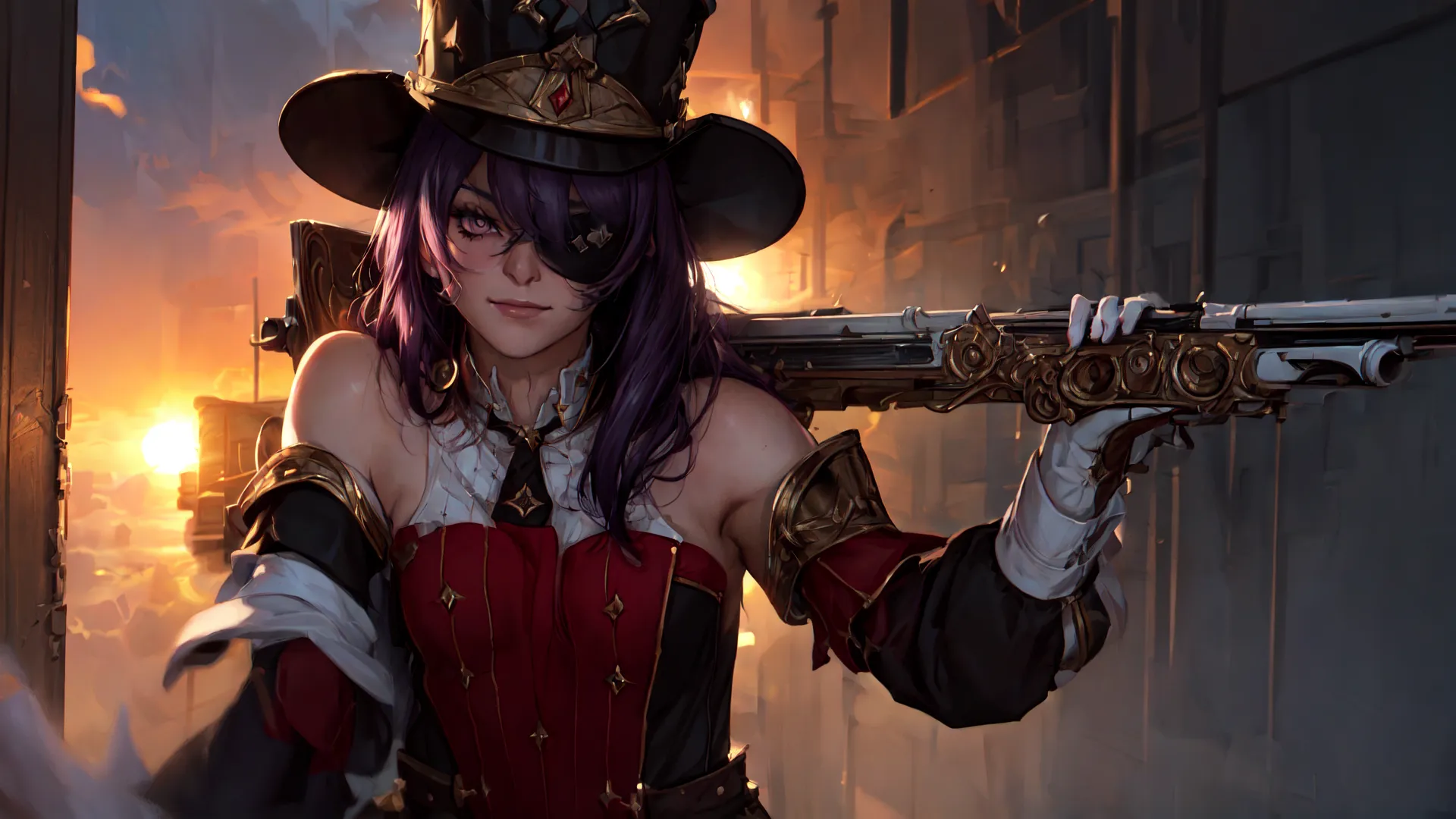 HD desktop wallpaper featuring the character Chevreuse from the video game Genshin Impact, posed with a decorative rifle against a dynamic, warm-lit backdrop.