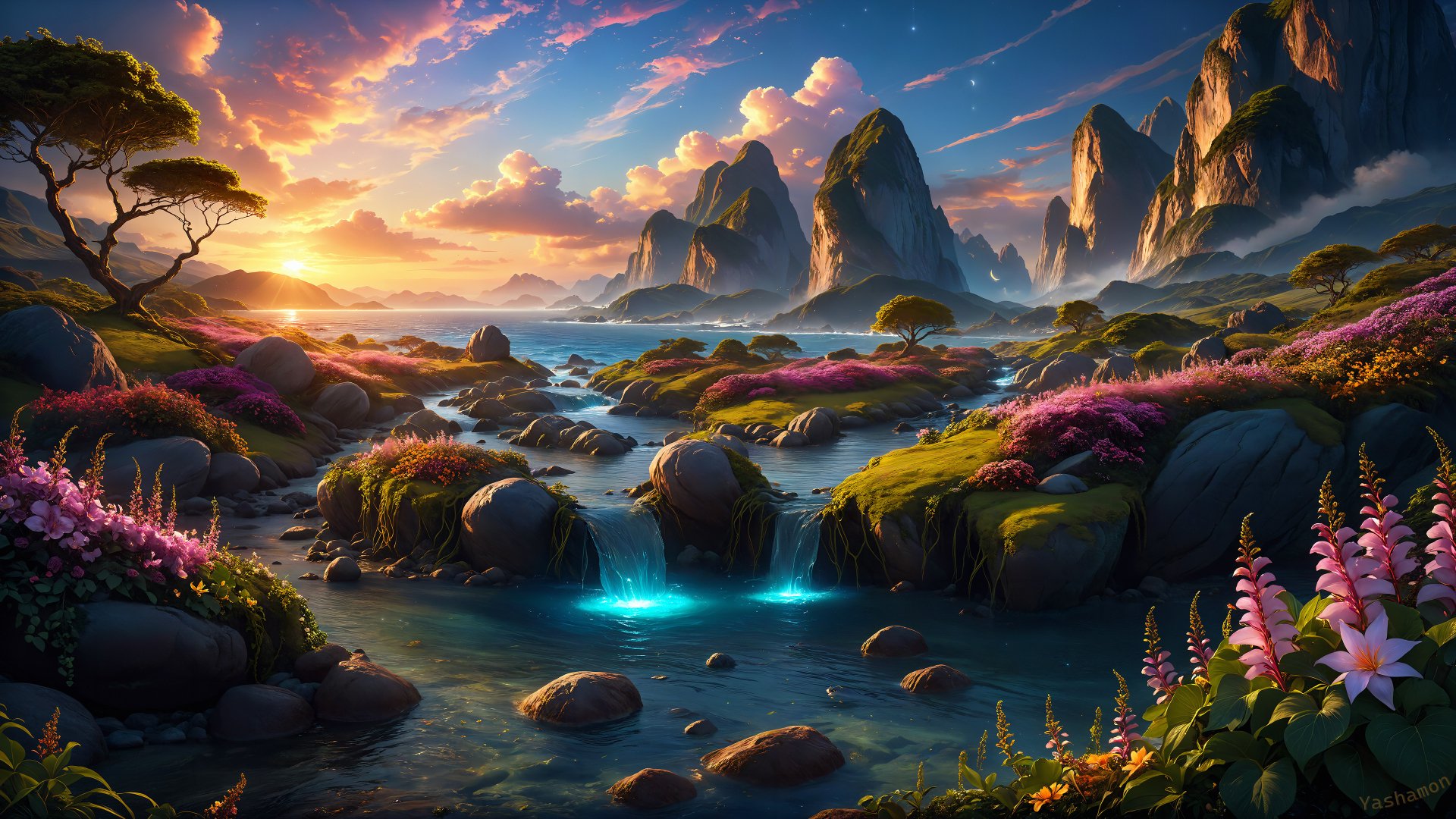Download Waterfall Landscape Sunrise River AI Art 4k Ultra HD Wallpaper by Yashamon