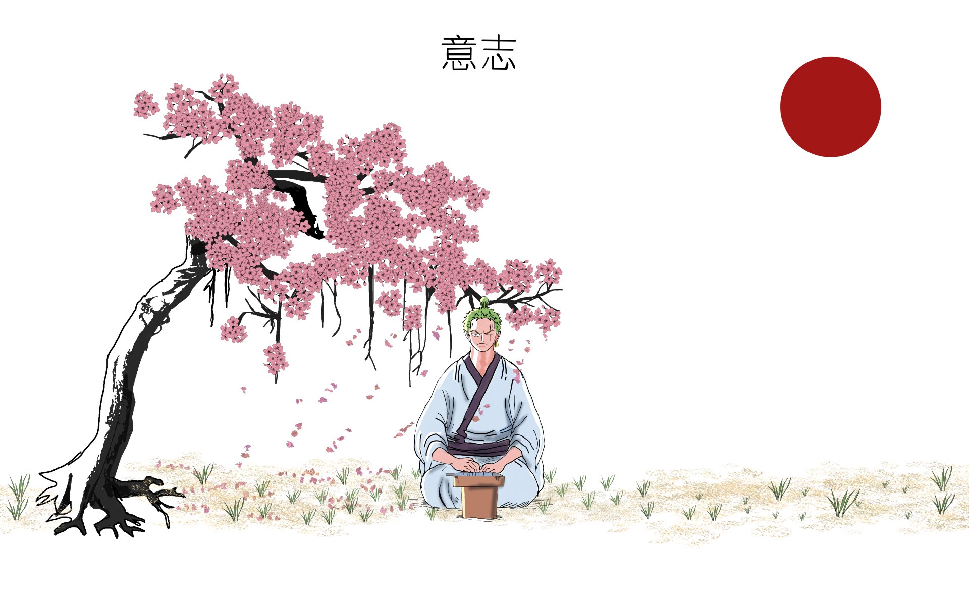 A minimalist One Piece HD wallpaper featuring a character meditating under a cherry blossom tree with a red sun in the background.