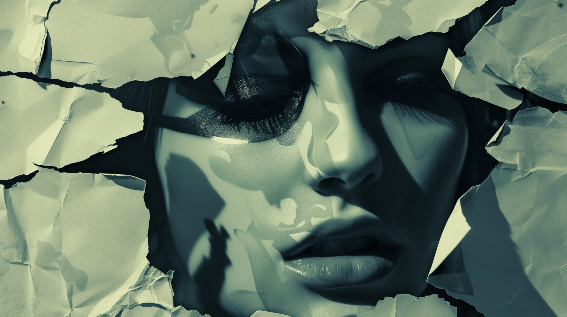 HD duotone wallpaper of a woman's face artistically fragmented, creating a striking desktop background.