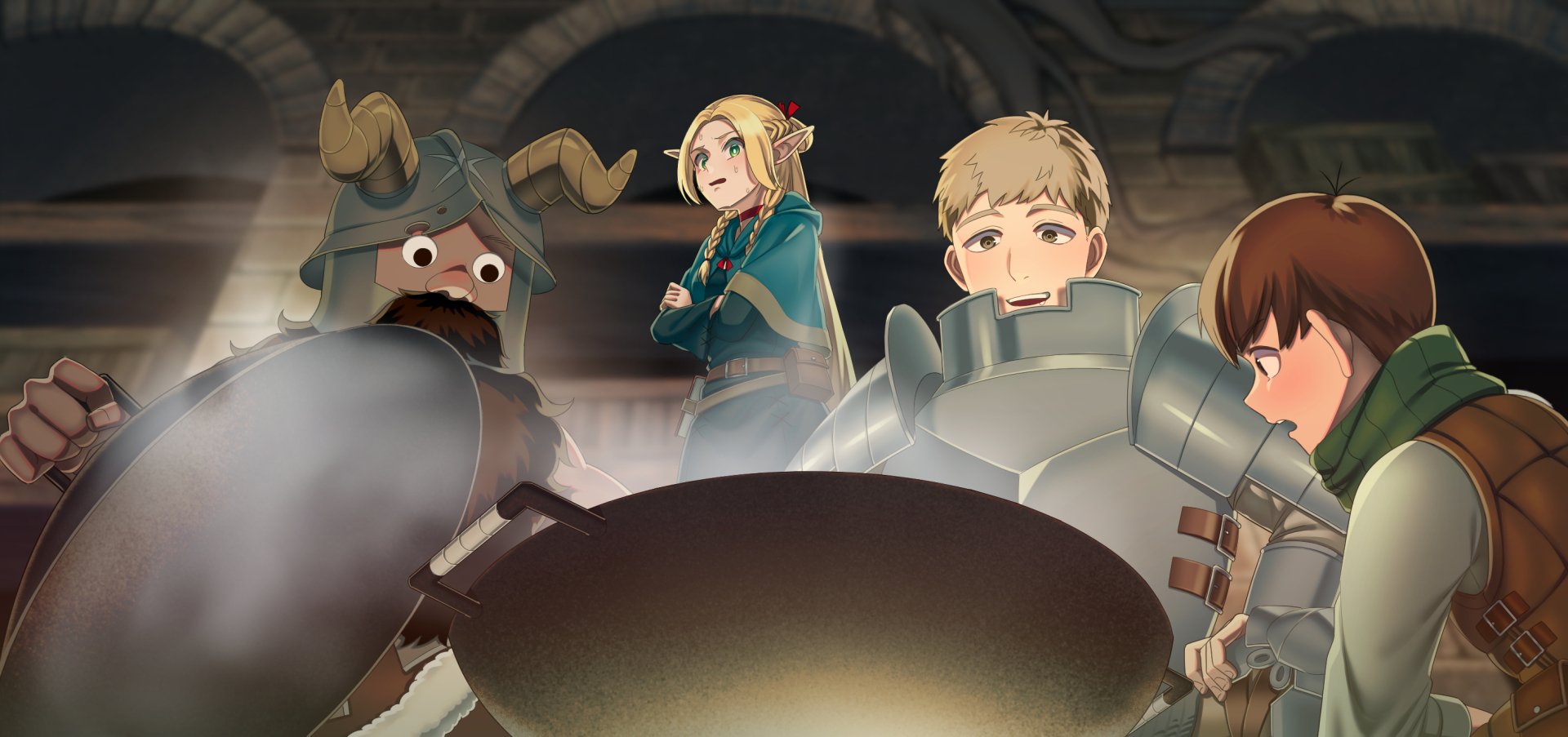 Anime HD desktop wallpaper from Delicious in Dungeon featuring four characters gathered around a large cooking pot in a dimly lit dungeon setting.