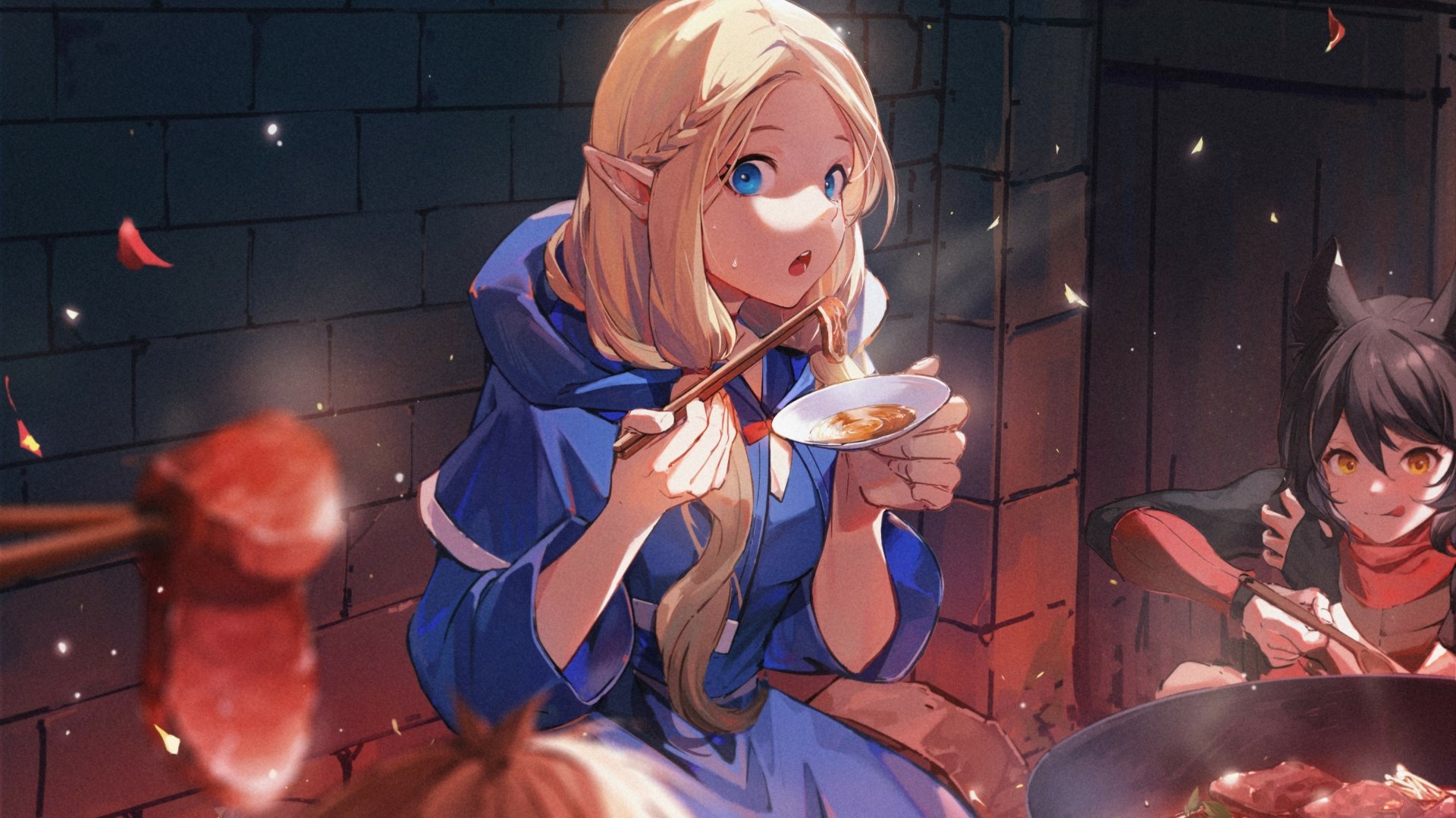 Anime-style 4K Ultra HD wallpaper featuring Marcille Donato from Delicious in Dungeon, capturing a detailed, vibrant scene with rich colors and dynamic lighting.