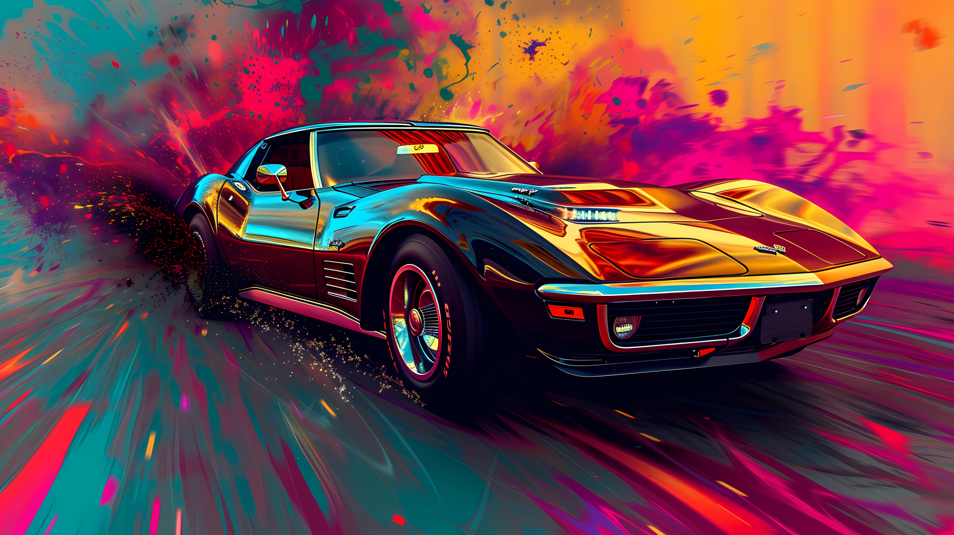 A dynamic Chevrolet Corvette Stingray bursts through a vibrant Color Splash background, showcasing its sleek design and powerful presence in this HD desktop wallpaper.