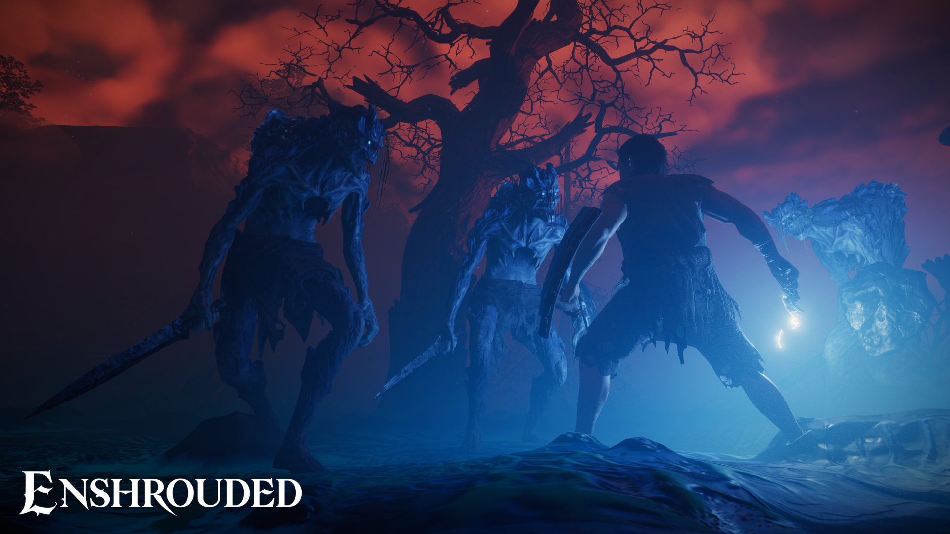 HD wallpaper featuring a mystical scene from the video game Enshrouded with silhouetted figures and a haunting tree against a red sky background.