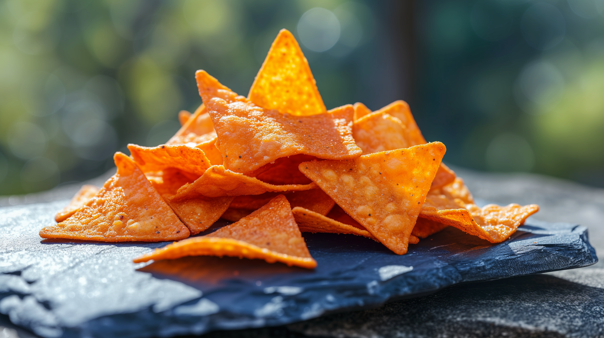 HD wallpaper of a pile of crunchy Doritos chips on a slate surface with a bokeh background.