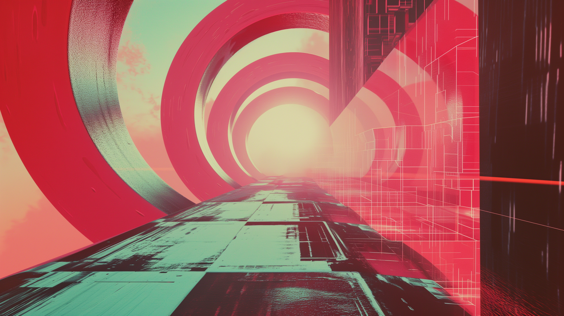 Retro-futuristic HD wallpaper featuring a sci-fi tunnel with red and teal hues for a desktop background.