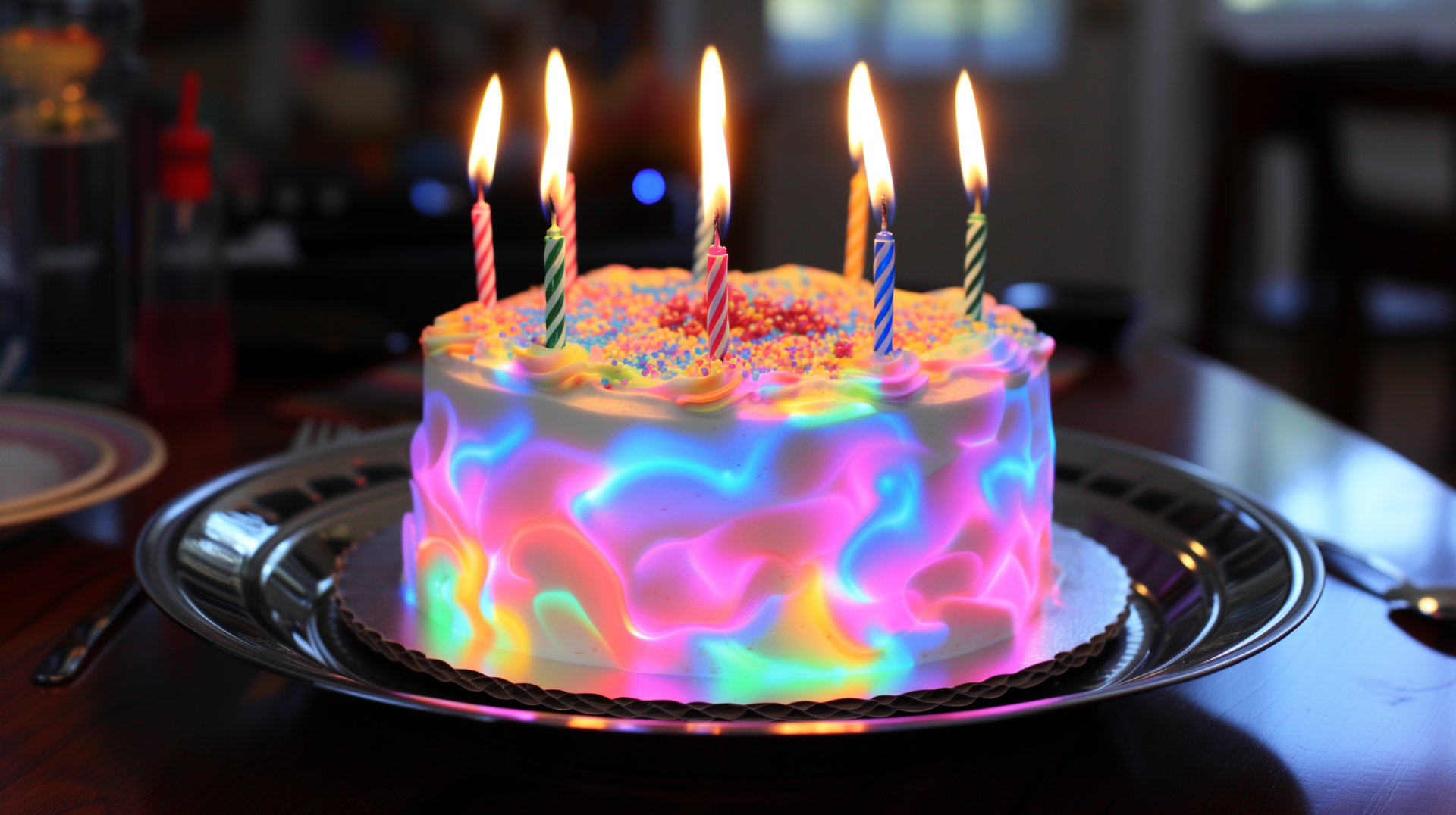 A colorful birthday cake with five lit candles glows with vibrant swirls, set on a decorative plate, creating a festive and celebratory atmosphere for an HD desktop wallpaper.