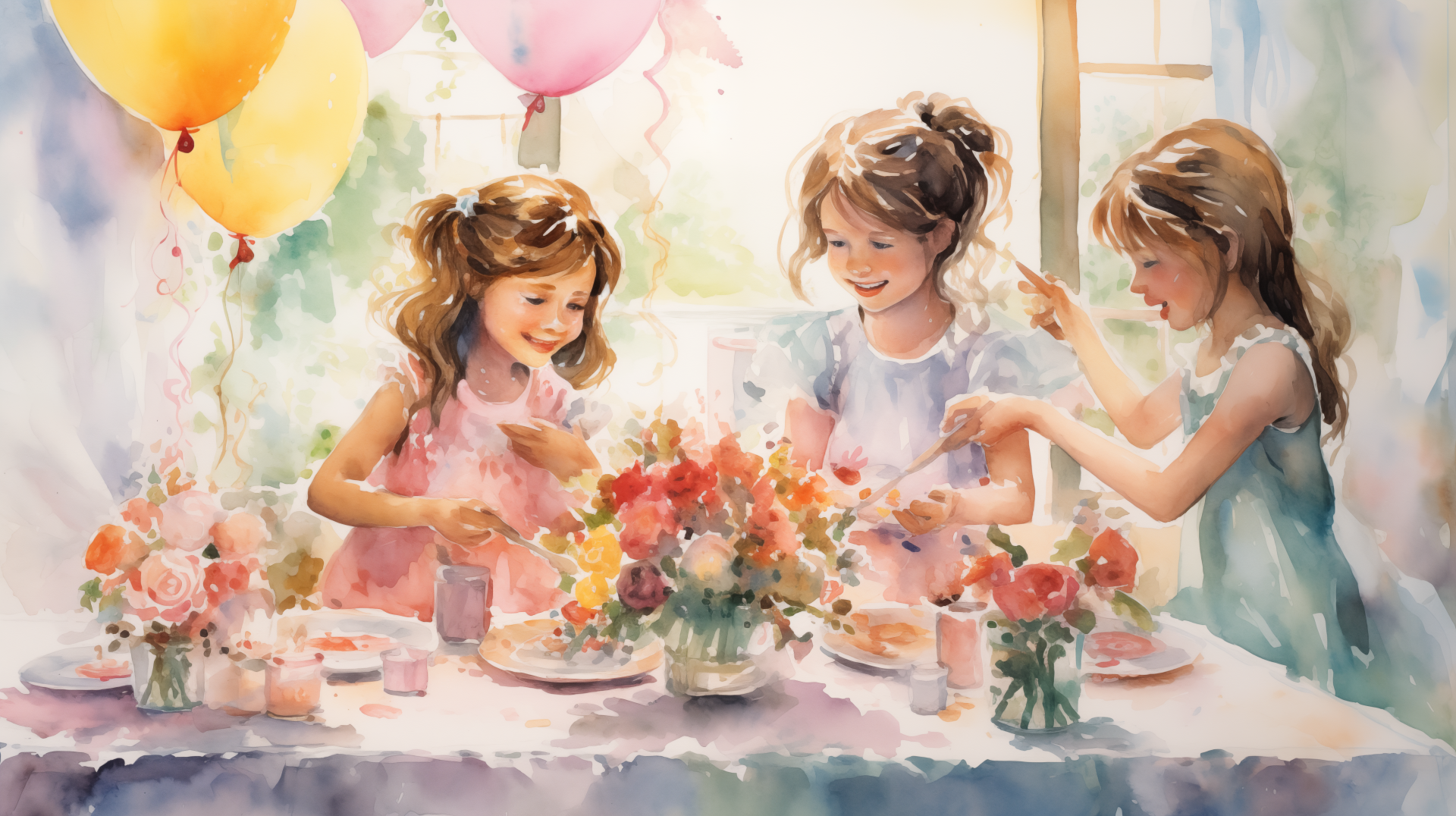 HD wallpaper of a whimsical watercolor illustration featuring three children enjoying a birthday party with balloons and a table adorned with flowers.