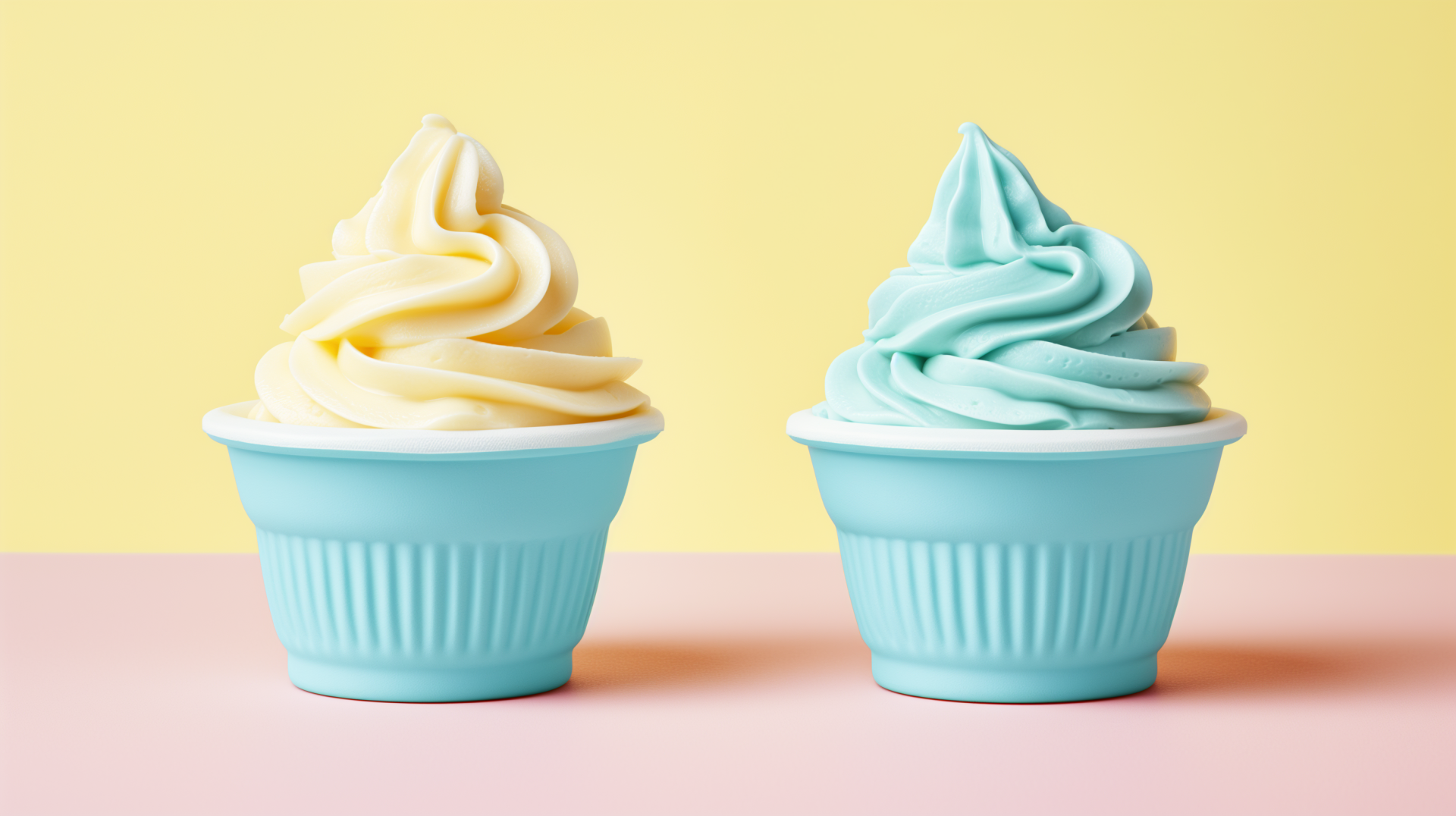 HD wallpaper of two swirls of frozen yogurt in blue cups against a pastel yellow and pink background.