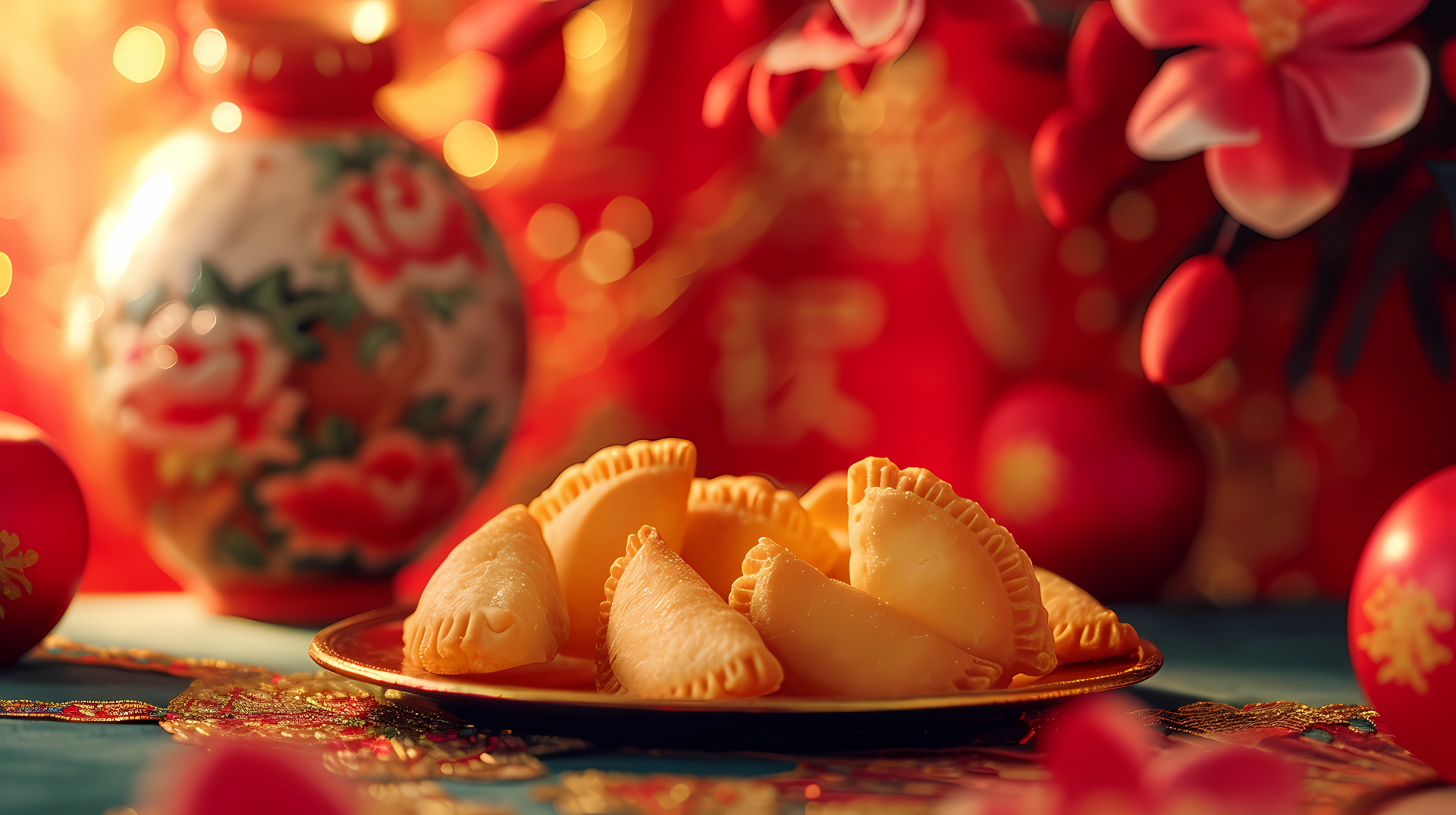 HD wallpaper featuring fortune cookies on a decorative plate with an Asian-themed table setting, highlighted by warm, ambient lighting.