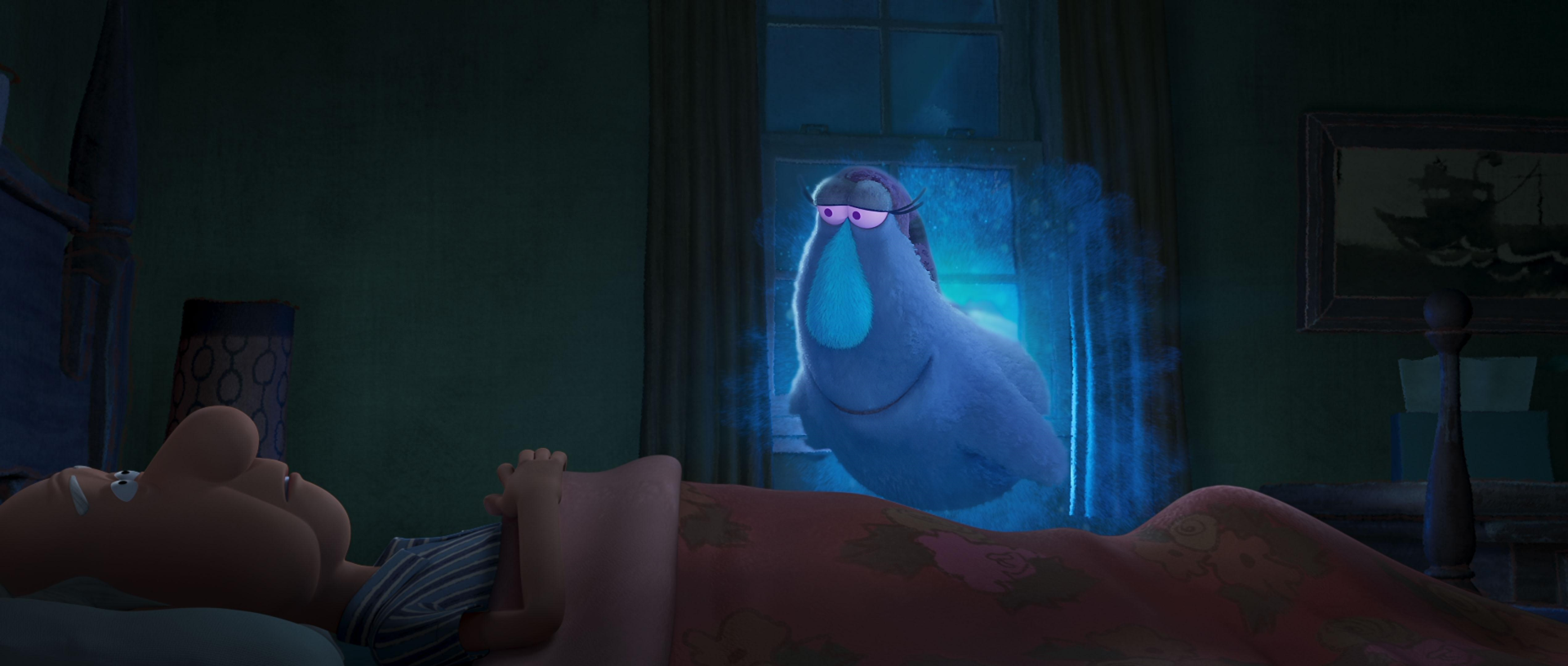 HD desktop wallpaper featuring a scene from the movie Orion and the Dark with a child in bed and the character Orion appearing at the window.