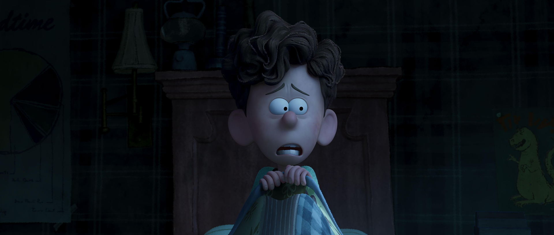A young boy, frightened and wide-eyed, clutches his blanket in the dark, captured in a scene from the movie Orion and the Dark. This image serves as a striking HD wallpaper background.