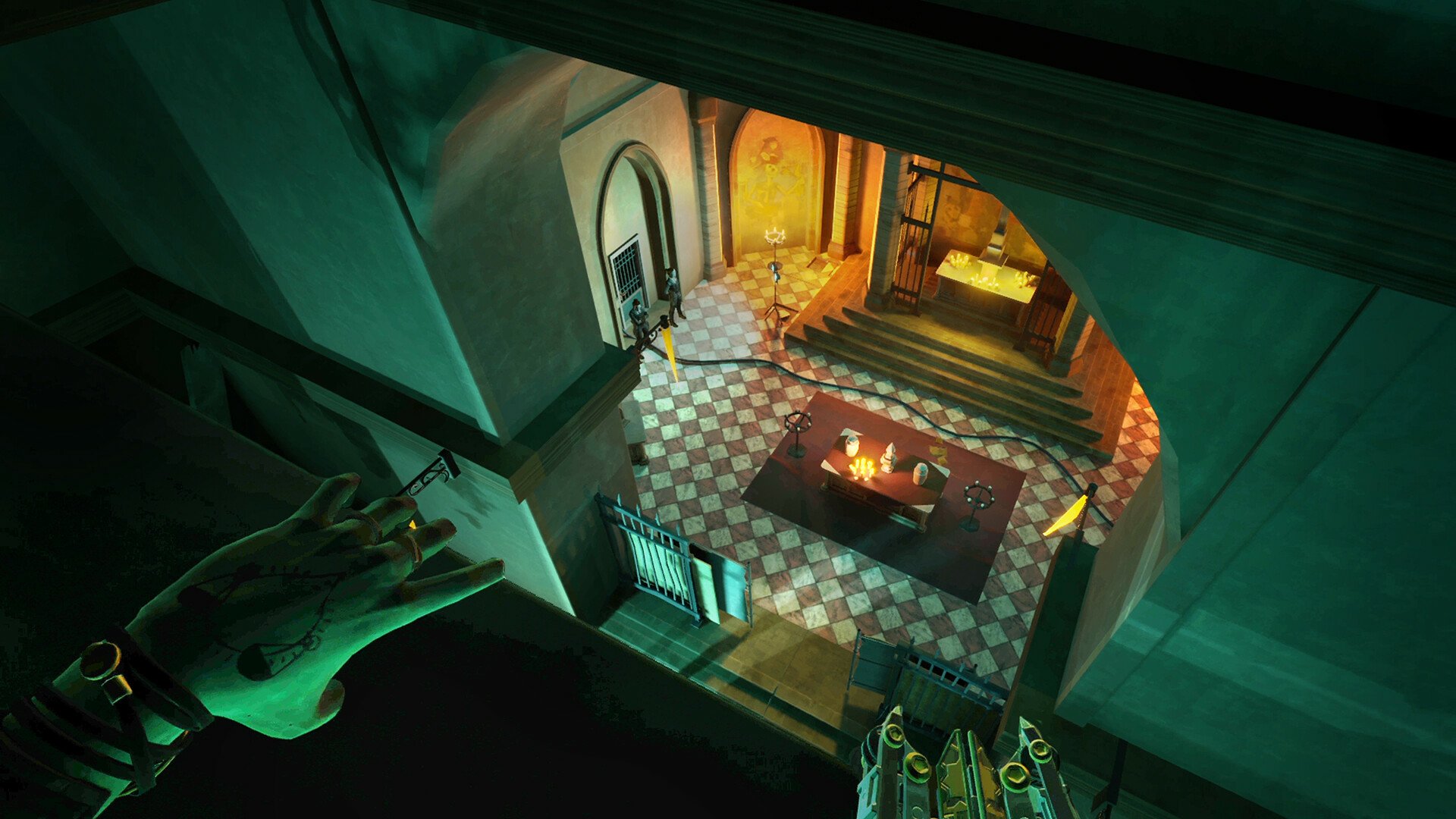 HD desktop wallpaper featuring a moody scene from Vampire: The Masquerade - Justice video game, showcasing a mysterious interior viewed from above.