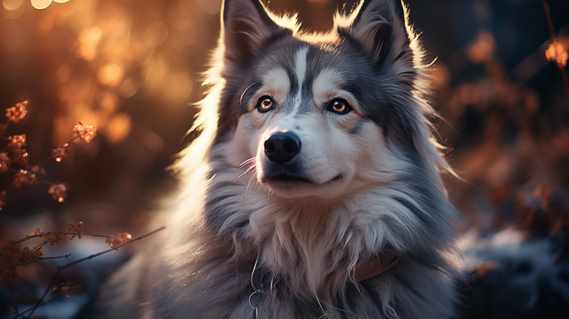 A majestic malamute gazes thoughtfully, surrounded by warm, golden light and natural scenery, making for a stunning HD desktop wallpaper and background.