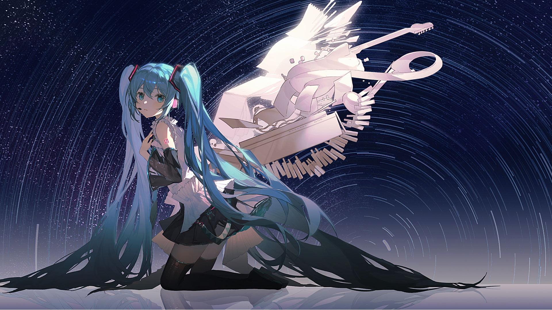 HD PC desktop wallpaper featuring Hatsune Miku with flowing teal hair, kneeling against a starry night sky and a glowing, abstract keyboard and musical notes.