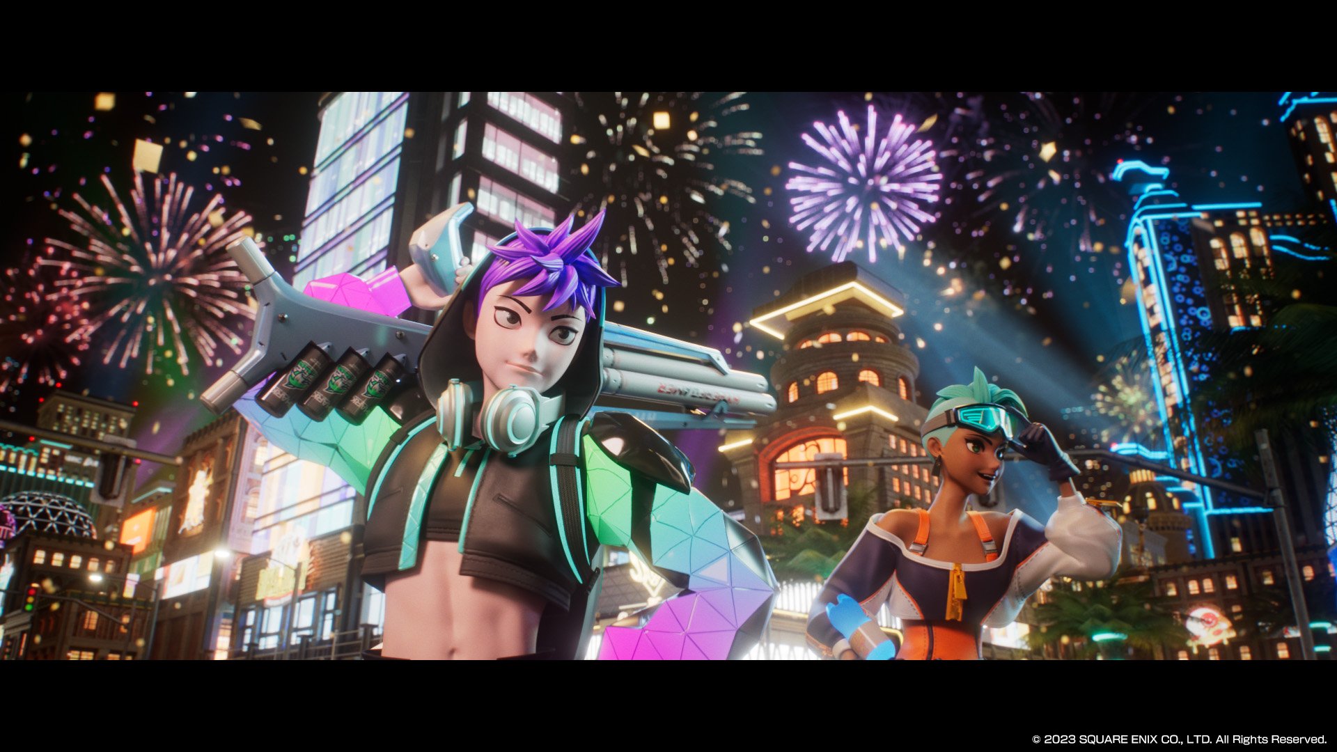 HD desktop wallpaper featuring two characters from the video game Foamstars, with colorful fireworks and a vibrant cityscape backdrop.