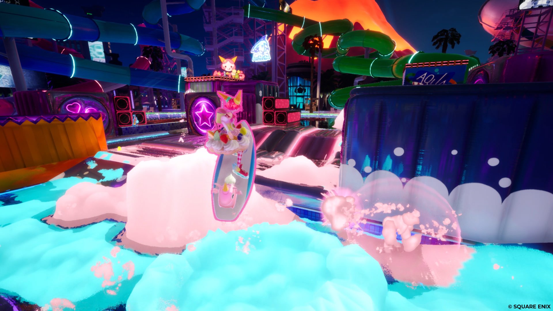 HD desktop wallpaper featuring Foamstars video game with vibrant neon setting and playful foam elements