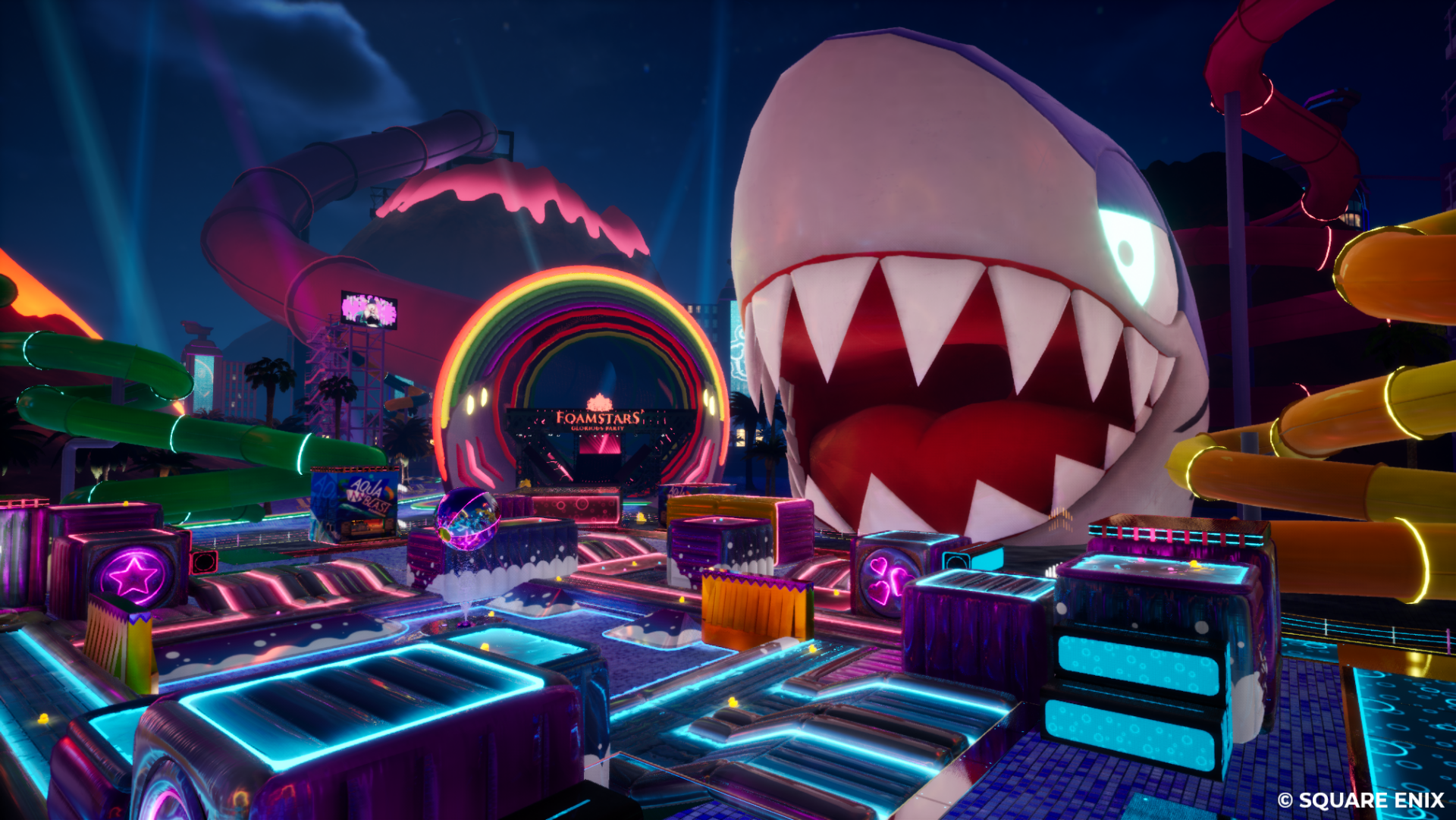 Vibrant and colorful HD desktop wallpaper from Foamstars video game featuring a whimsical fantasy landscape with a giant shark-like character under a neon-lit night sky.