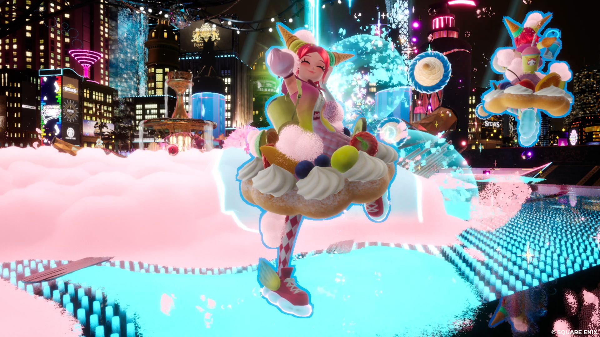 Colorful HD desktop wallpaper featuring a vibrant Foamstars video game character amidst a fantastical cityscape background.