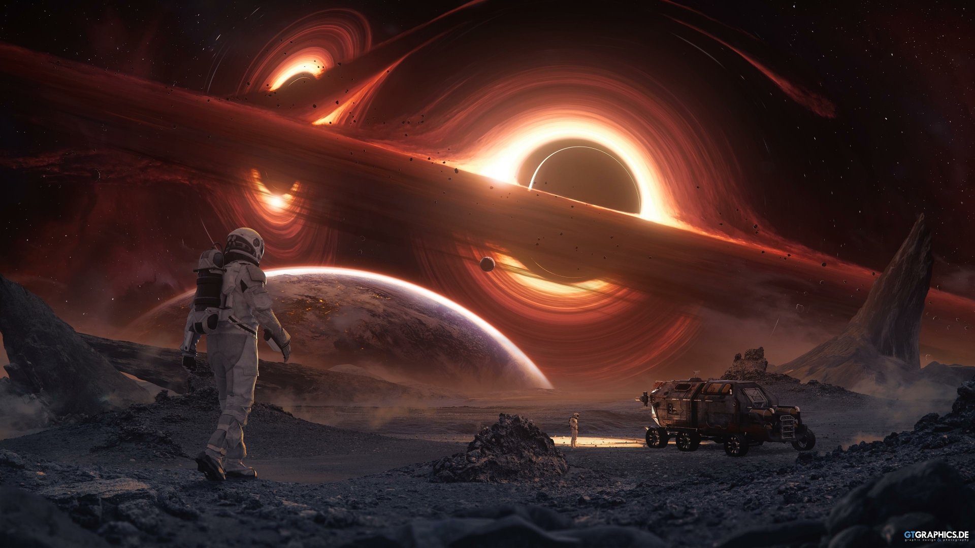 A Sci-Fi 4K Ultra HD wallpaper depicting an astronaut on a rocky planetscape observing a glowing black hole with swirling light and a futuristic rover nearby.