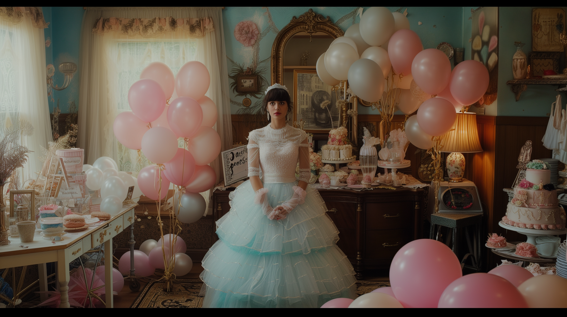 A whimsical bridal shower scene featuring a woman in a fluffy blue dress surrounded by pastel balloons and elegant decorations, set against a vintage-inspired backdrop.