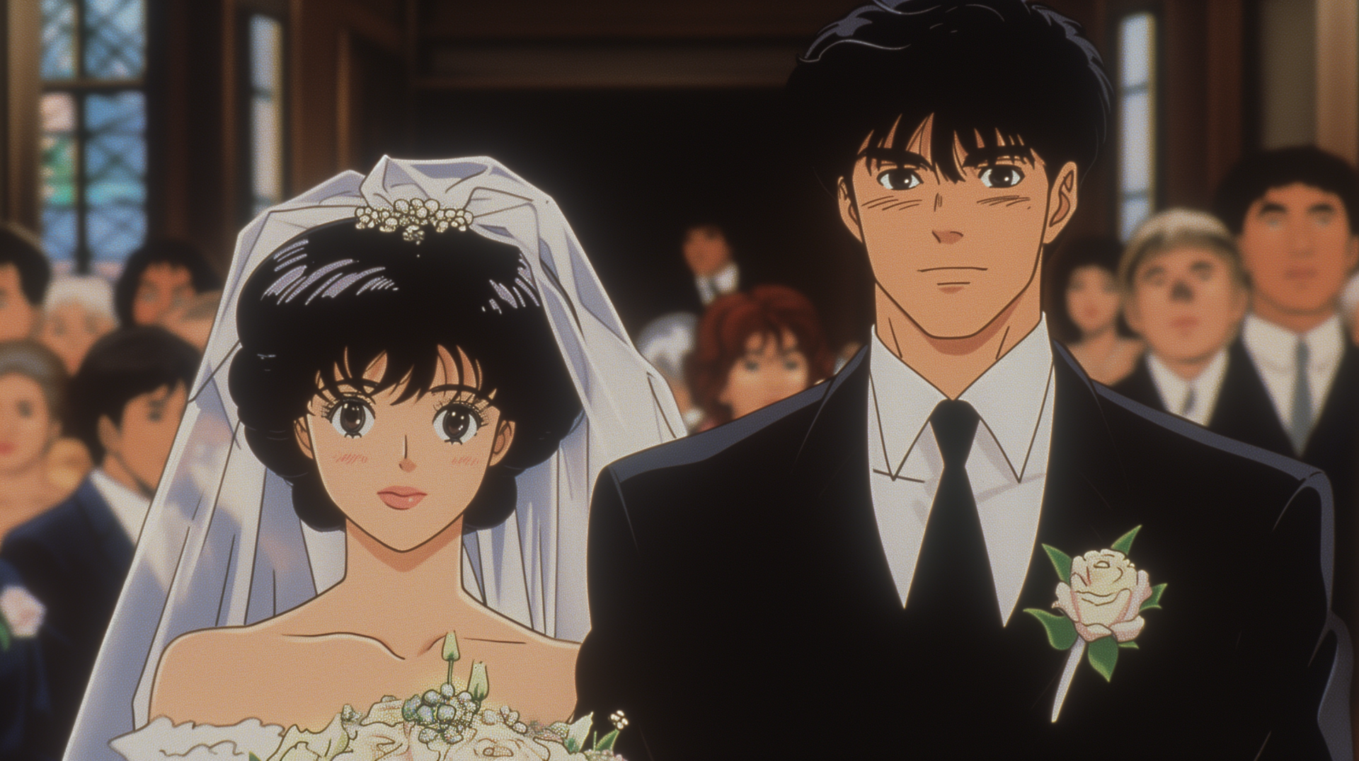 Anime wedding scene with bride and groom in HD desktop wallpaper and background.