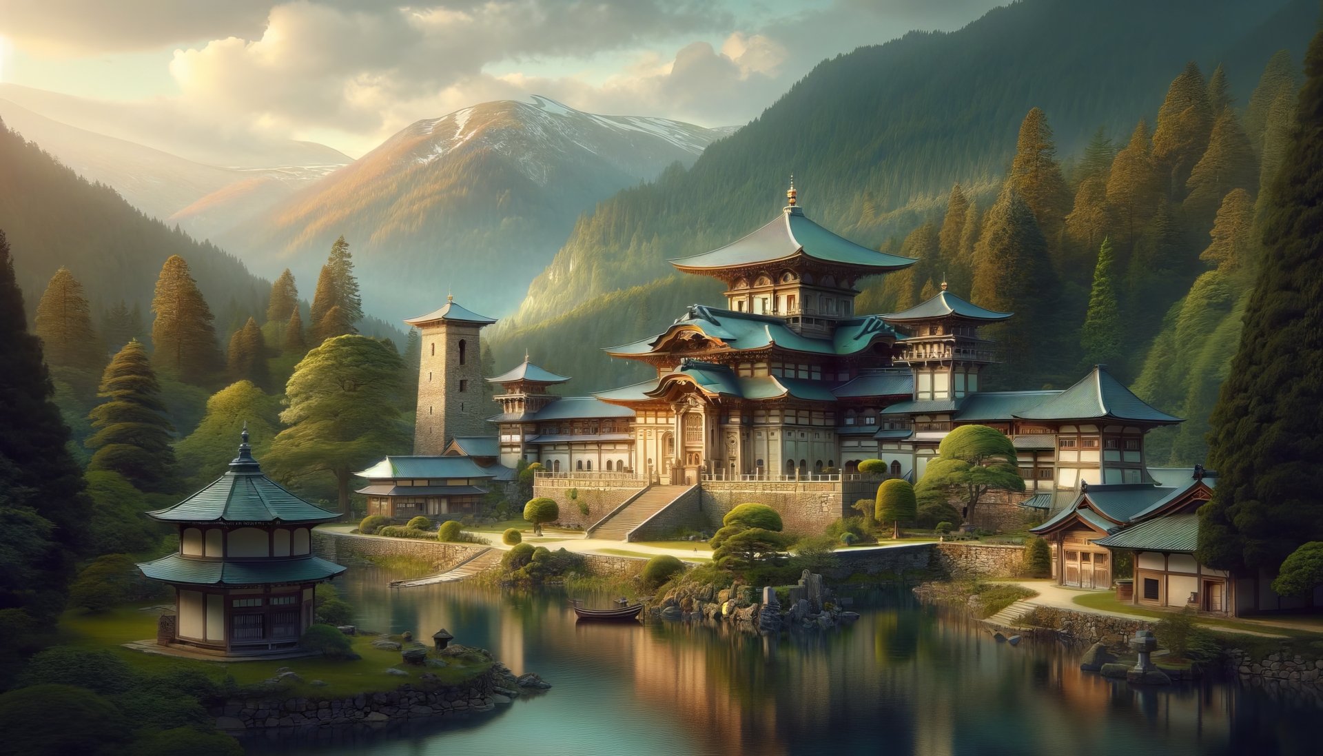 A serene mountain landscape featuring a stunning monastery surrounded by lush trees, reflecting in calm waters, creating an inspiring HD desktop wallpaper.