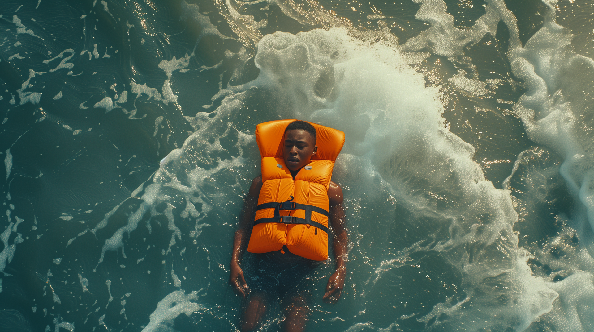 A person wearing an orange life jacket floating calmly in blue water, suitable as an HD desktop wallpaper with a safety theme.