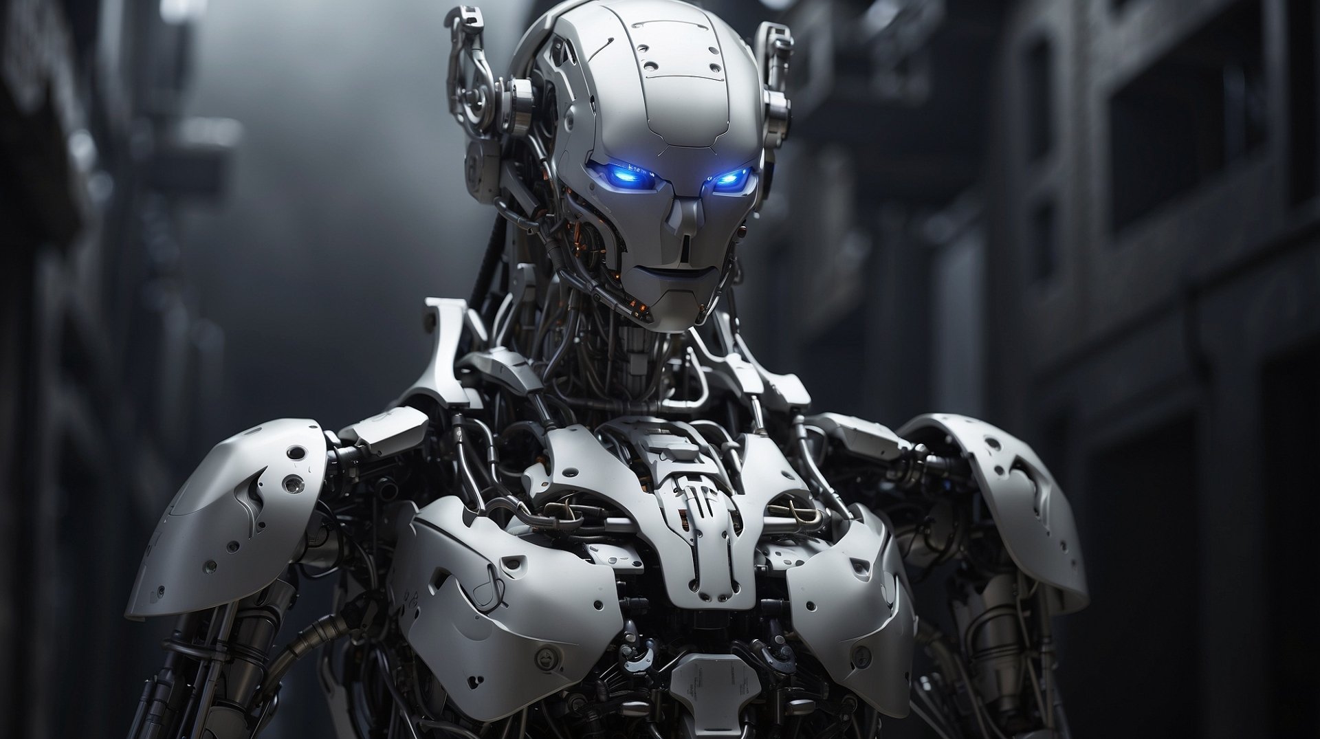 HD PC desktop wallpaper and background: AI art of a soldier robot with glowing blue eyes, exposed mechanical mechanisms and armored plating in a dim industrial corridor.