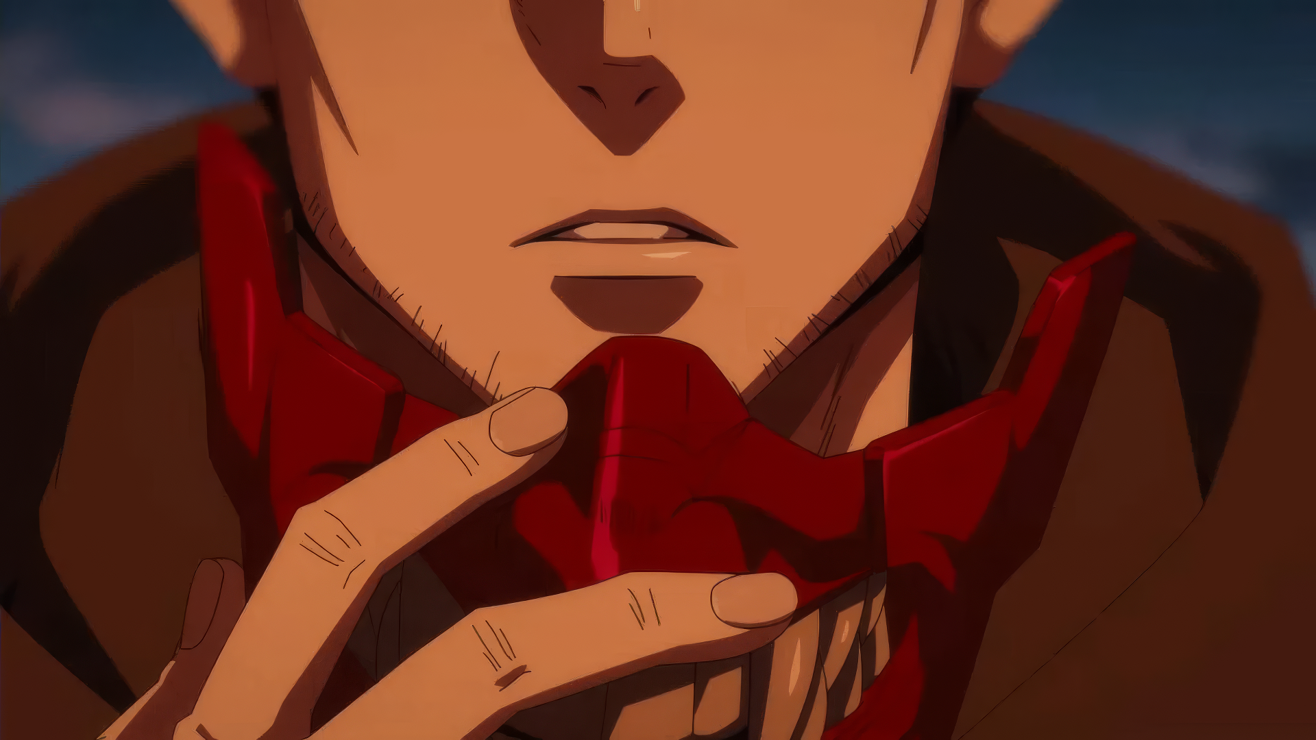 Close-up HD wallpaper of an animated ninja character from Ninja Kamui, gripping a red mask with a mysterious expression against a dusky backdrop.